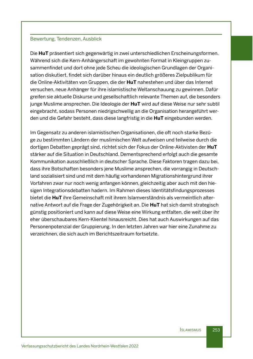 Seite 253 des Verfassungsschutzbericht 2022 Nordrhein-Westfalen