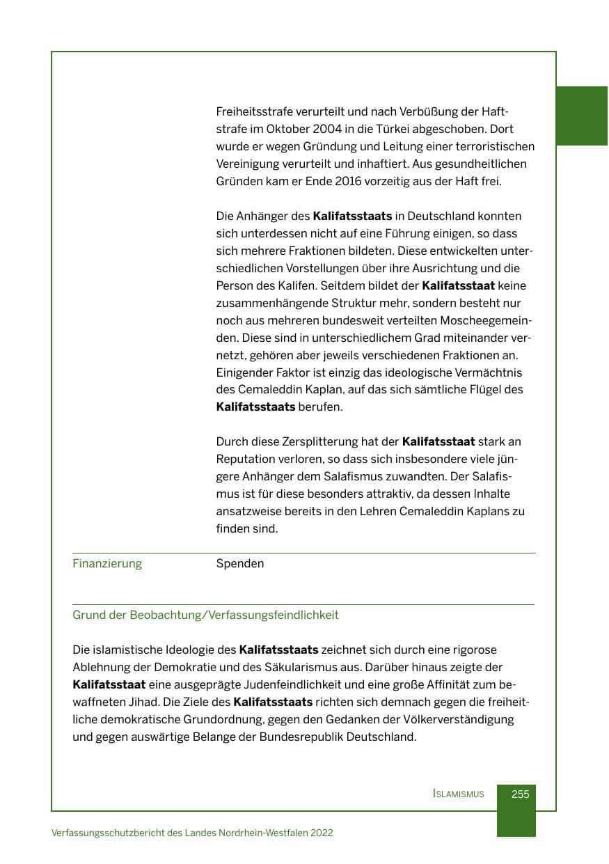 Seite 255 des Verfassungsschutzbericht 2022 Nordrhein-Westfalen