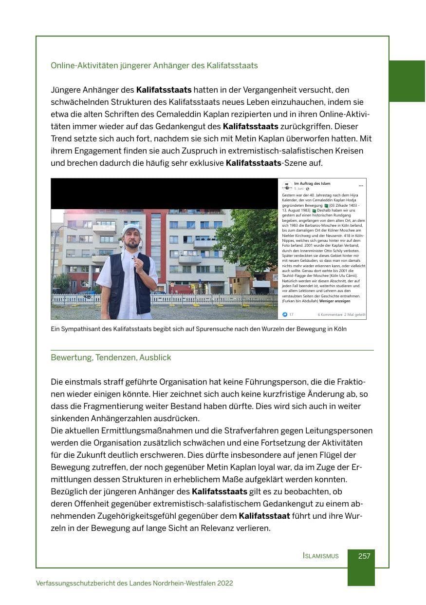 Seite 257 des Verfassungsschutzbericht 2022 Nordrhein-Westfalen