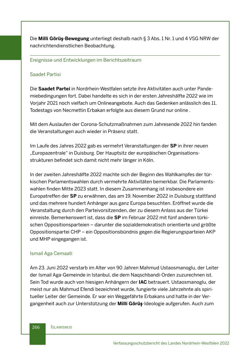 Seite 266 des Verfassungsschutzbericht 2022 Nordrhein-Westfalen