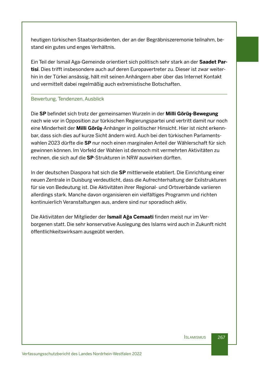 Seite 267 des Verfassungsschutzbericht 2022 Nordrhein-Westfalen