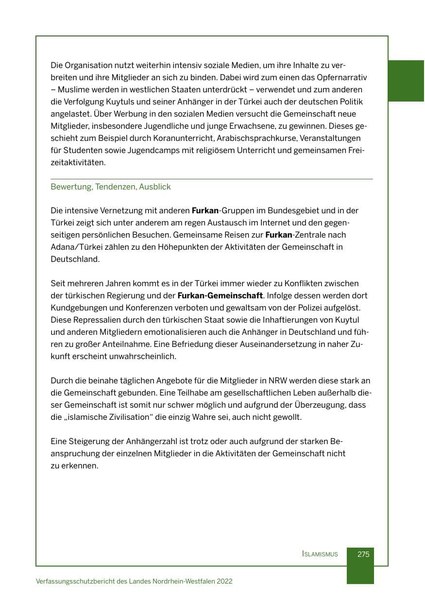 Seite 275 des Verfassungsschutzbericht 2022 Nordrhein-Westfalen