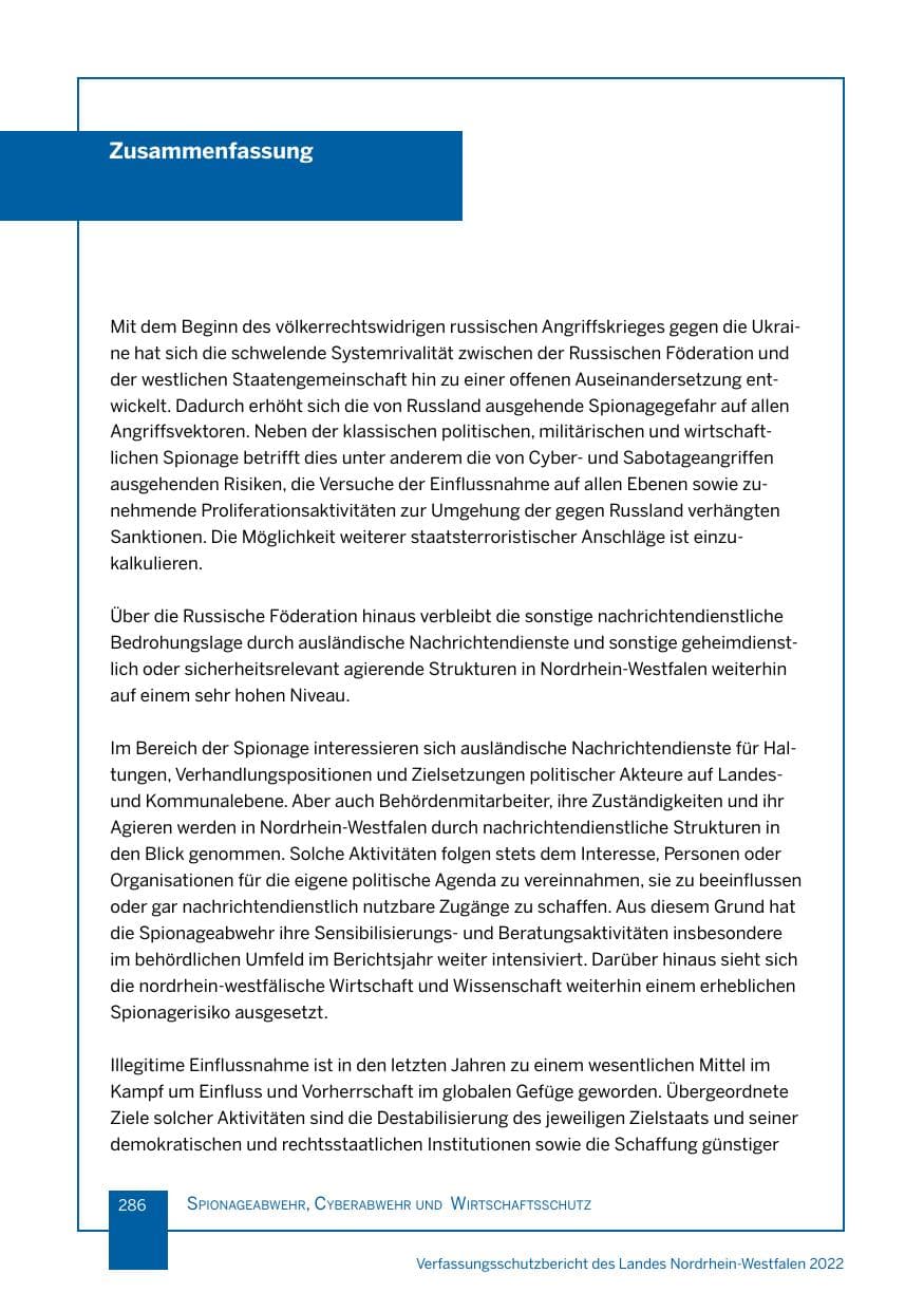 Seite 286 des Verfassungsschutzbericht 2022 Nordrhein-Westfalen