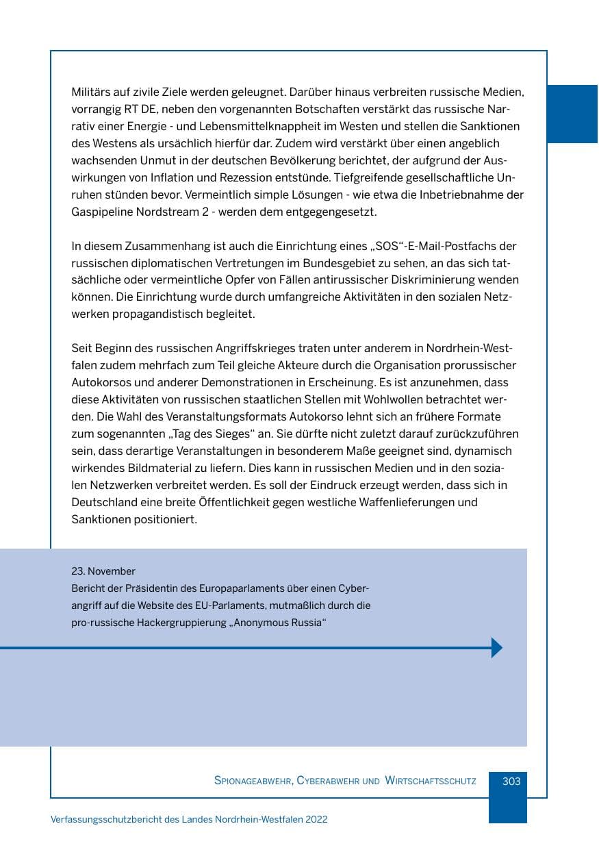 Seite 303 des Verfassungsschutzbericht 2022 Nordrhein-Westfalen