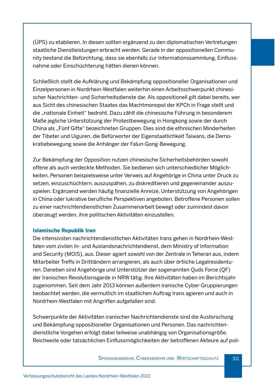 Seite 311 des Verfassungsschutzbericht 2022 Nordrhein-Westfalen