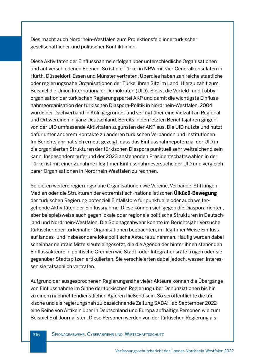 Seite 316 des Verfassungsschutzbericht 2022 Nordrhein-Westfalen