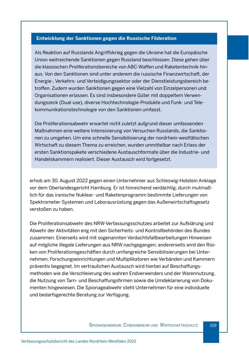 Seite 319 des Verfassungsschutzbericht 2022 Nordrhein-Westfalen