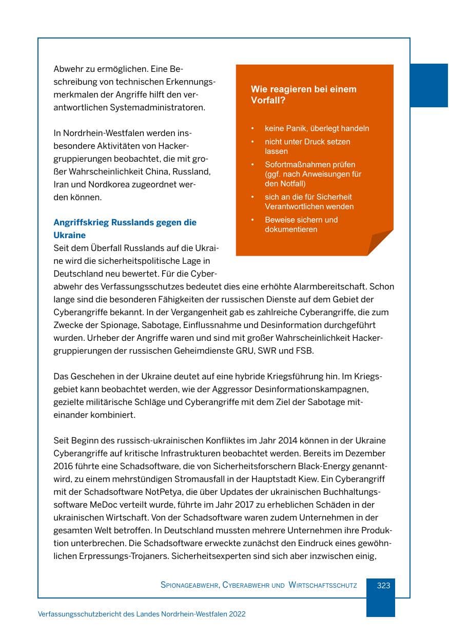 Seite 323 des Verfassungsschutzbericht 2022 Nordrhein-Westfalen