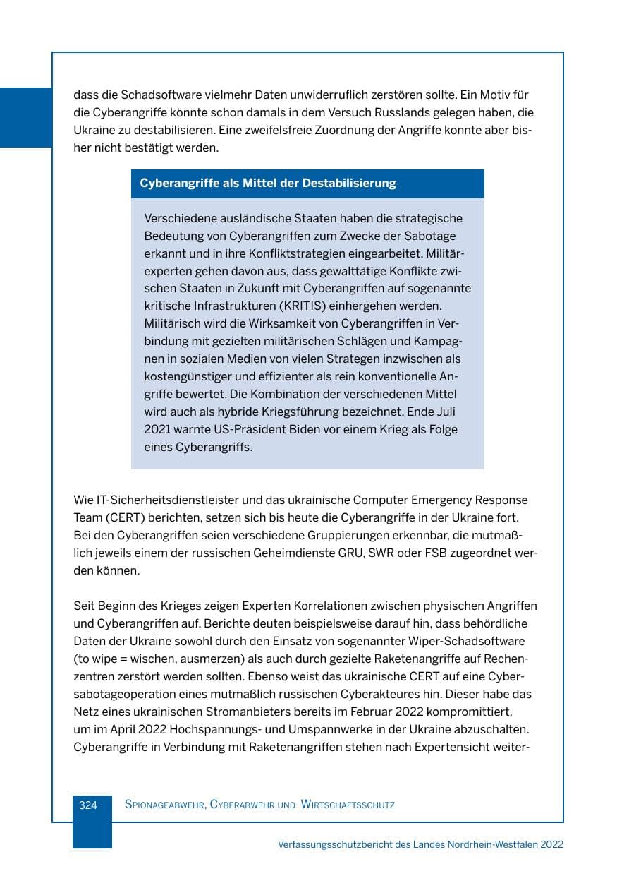 Seite 324 des Verfassungsschutzbericht 2022 Nordrhein-Westfalen