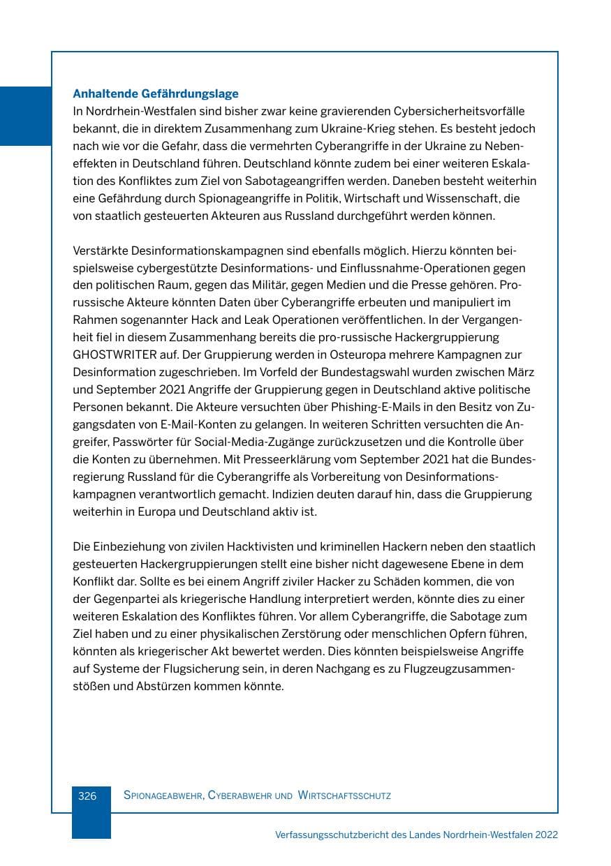 Seite 326 des Verfassungsschutzbericht 2022 Nordrhein-Westfalen