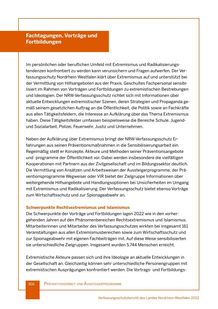 Seite 366 des Verfassungsschutzbericht 2022 Nordrhein-Westfalen