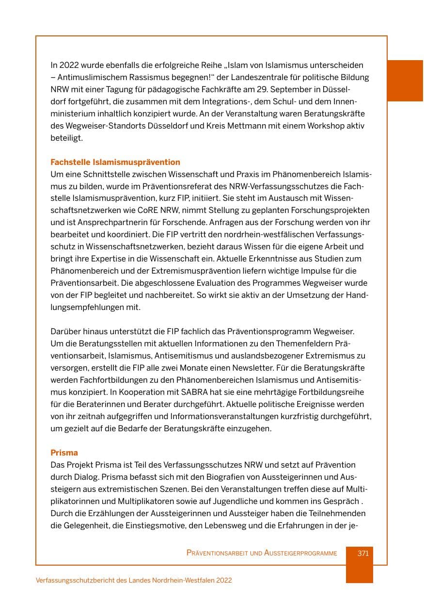 Seite 371 des Verfassungsschutzbericht 2022 Nordrhein-Westfalen
