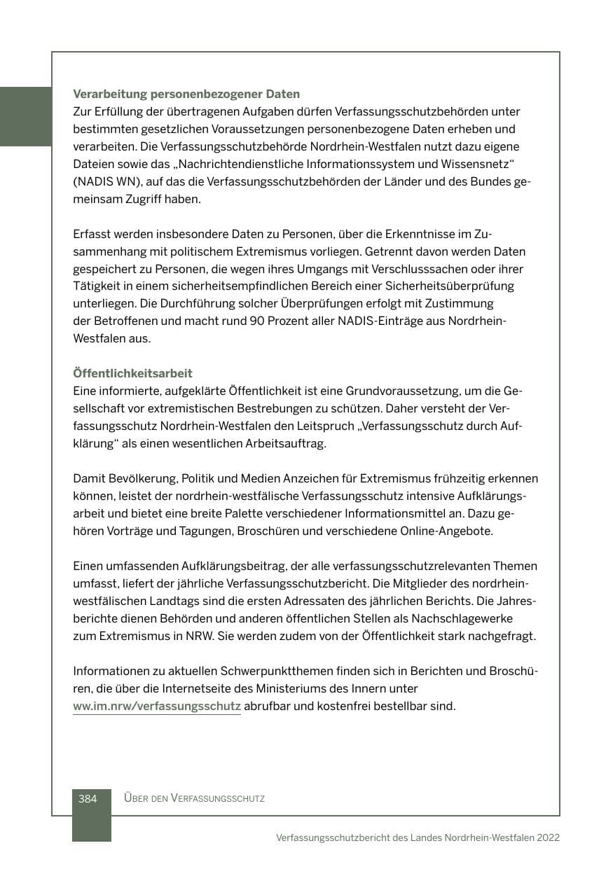Seite 384 des Verfassungsschutzbericht 2022 Nordrhein-Westfalen