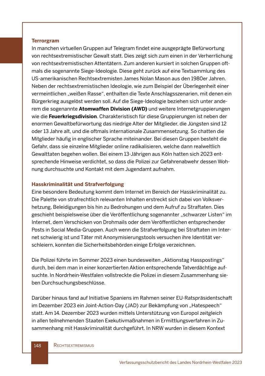 Seite 148 des Verfassungsschutzbericht 2023 Nordrhein-Westfalen