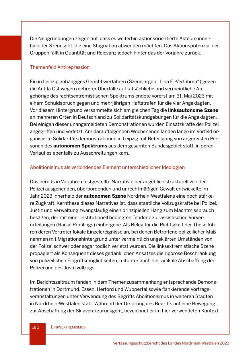Seite 180 des Verfassungsschutzbericht 2023 Nordrhein-Westfalen