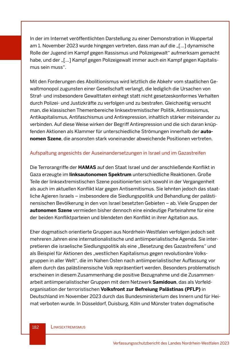 Seite 182 des Verfassungsschutzbericht 2023 Nordrhein-Westfalen