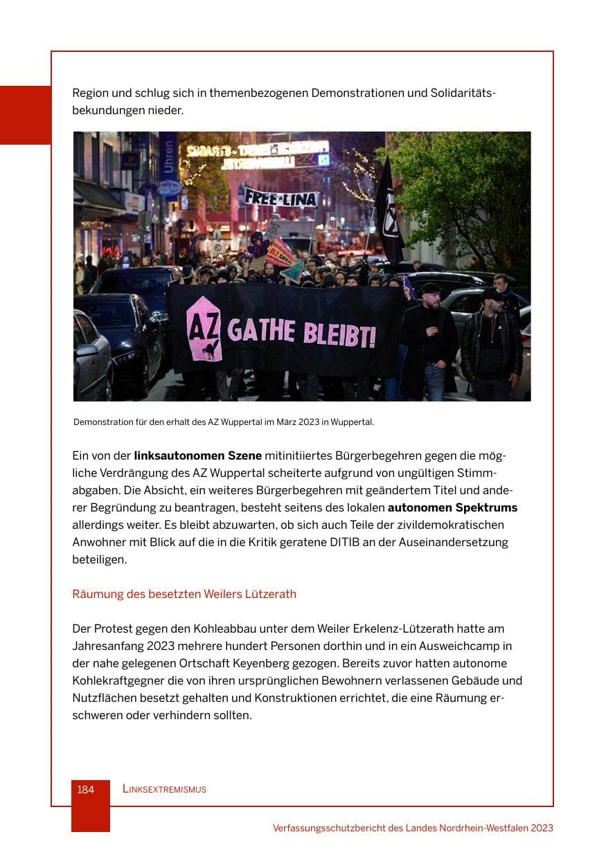 Seite 184 des Verfassungsschutzbericht 2023 Nordrhein-Westfalen