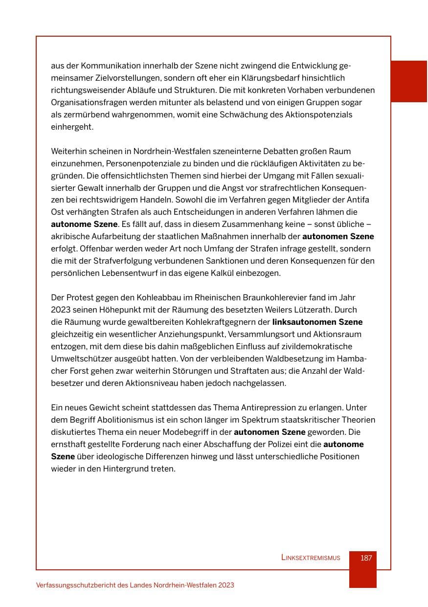 Seite 187 des Verfassungsschutzbericht 2023 Nordrhein-Westfalen
