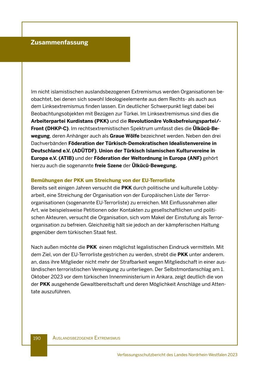 Seite 190 des Verfassungsschutzbericht 2023 Nordrhein-Westfalen
