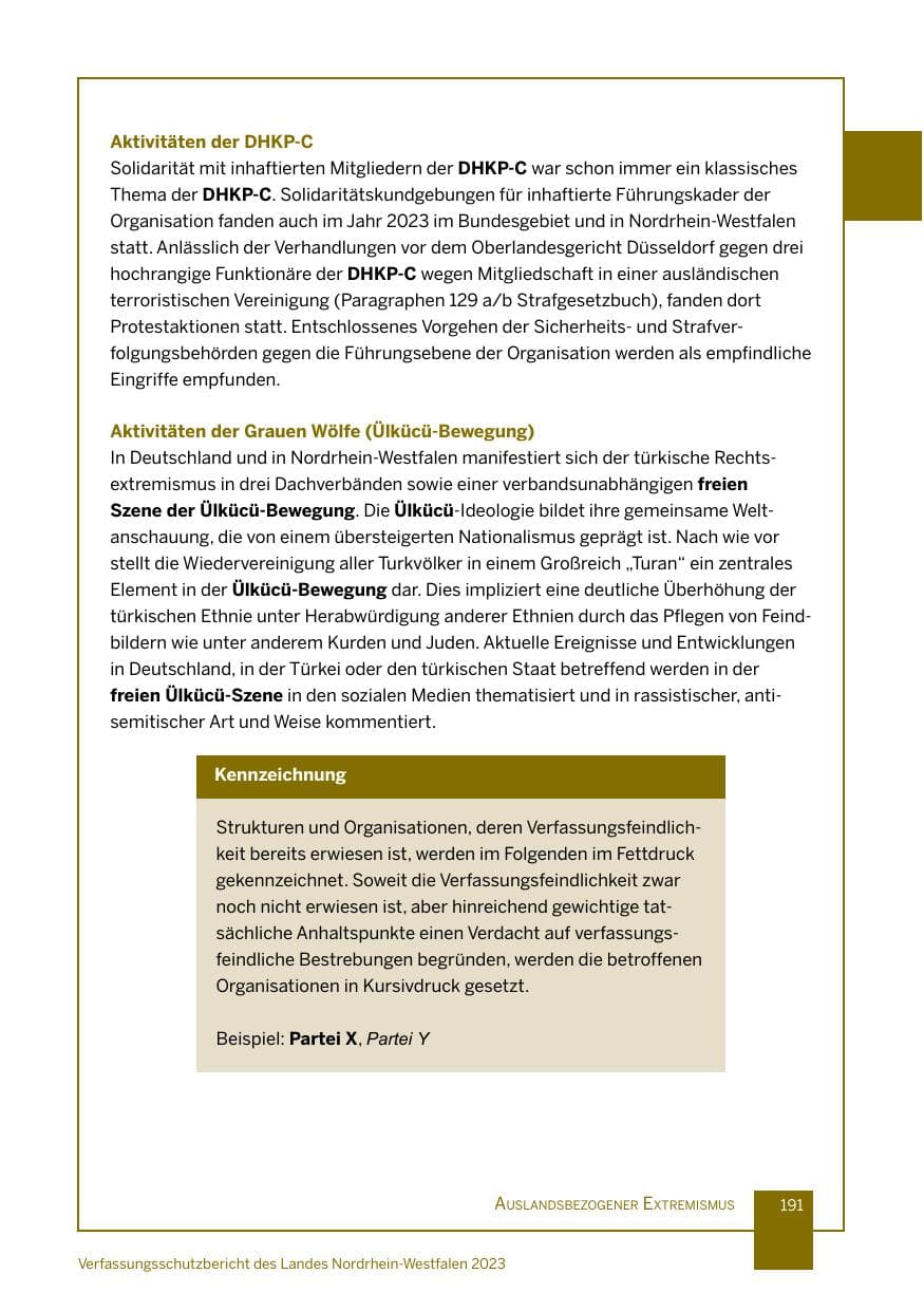 Seite 191 des Verfassungsschutzbericht 2023 Nordrhein-Westfalen