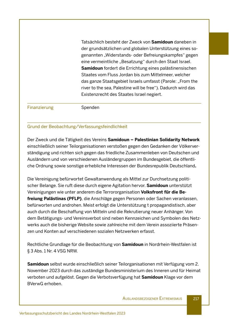 Seite 217 des Verfassungsschutzbericht 2023 Nordrhein-Westfalen