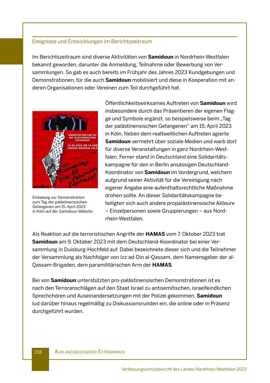 Seite 218 des Verfassungsschutzbericht 2023 Nordrhein-Westfalen