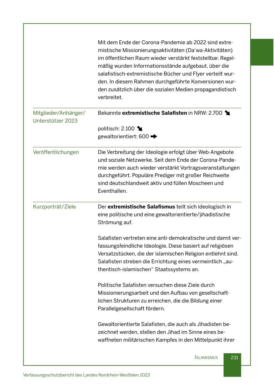 Seite 231 des Verfassungsschutzbericht 2023 Nordrhein-Westfalen