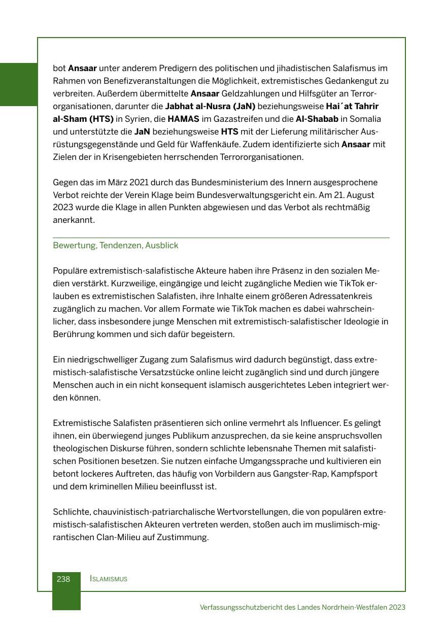 Seite 238 des Verfassungsschutzbericht 2023 Nordrhein-Westfalen
