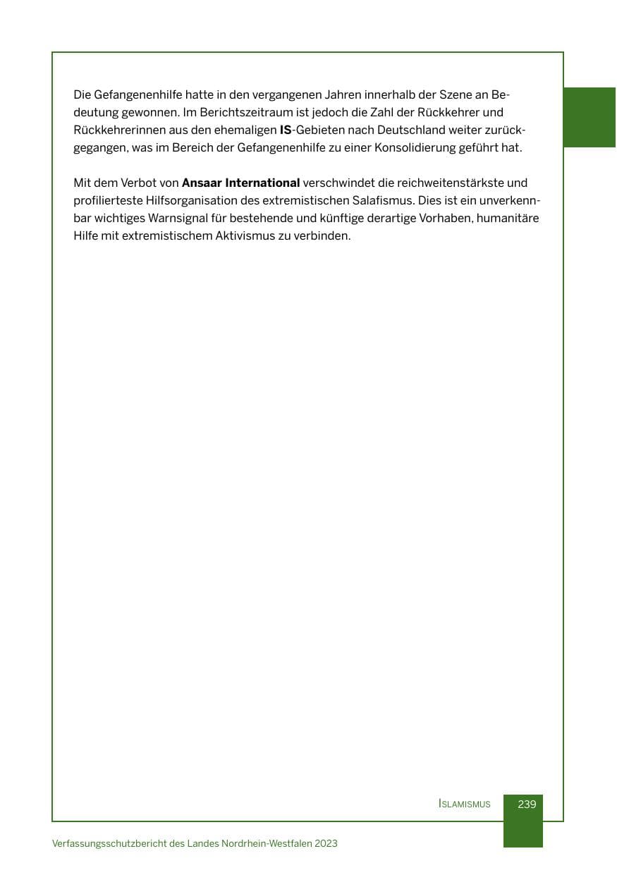 Seite 239 des Verfassungsschutzbericht 2023 Nordrhein-Westfalen
