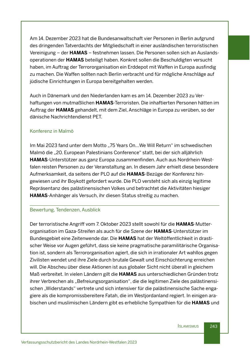 Seite 243 des Verfassungsschutzbericht 2023 Nordrhein-Westfalen
