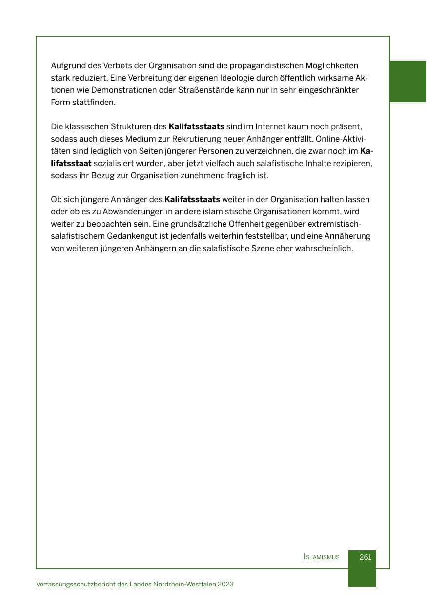 Seite 261 des Verfassungsschutzbericht 2023 Nordrhein-Westfalen