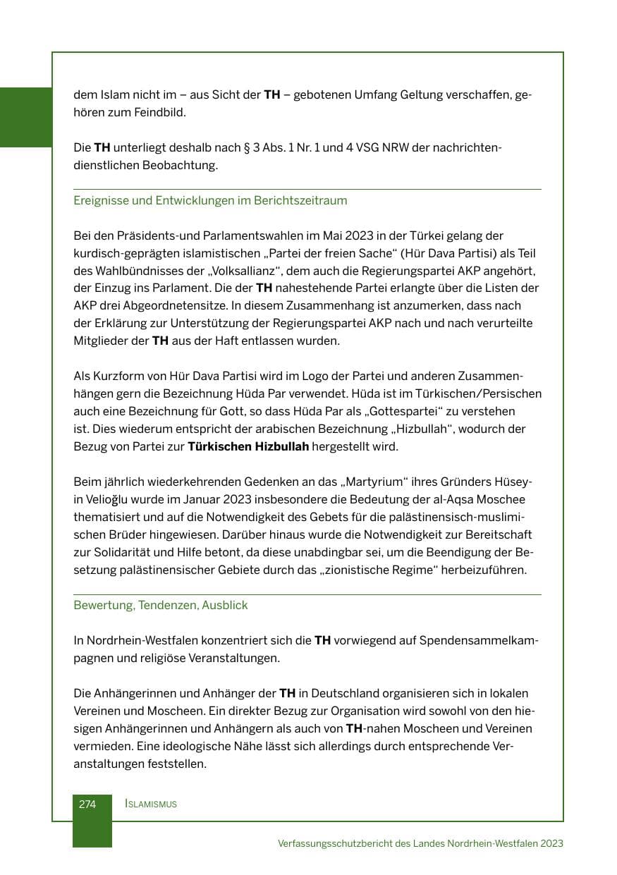 Seite 274 des Verfassungsschutzbericht 2023 Nordrhein-Westfalen