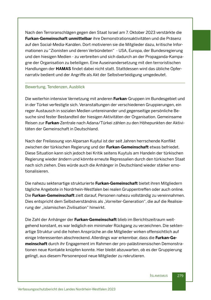 Seite 279 des Verfassungsschutzbericht 2023 Nordrhein-Westfalen
