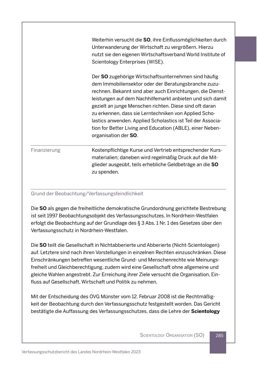 Seite 285 des Verfassungsschutzbericht 2023 Nordrhein-Westfalen