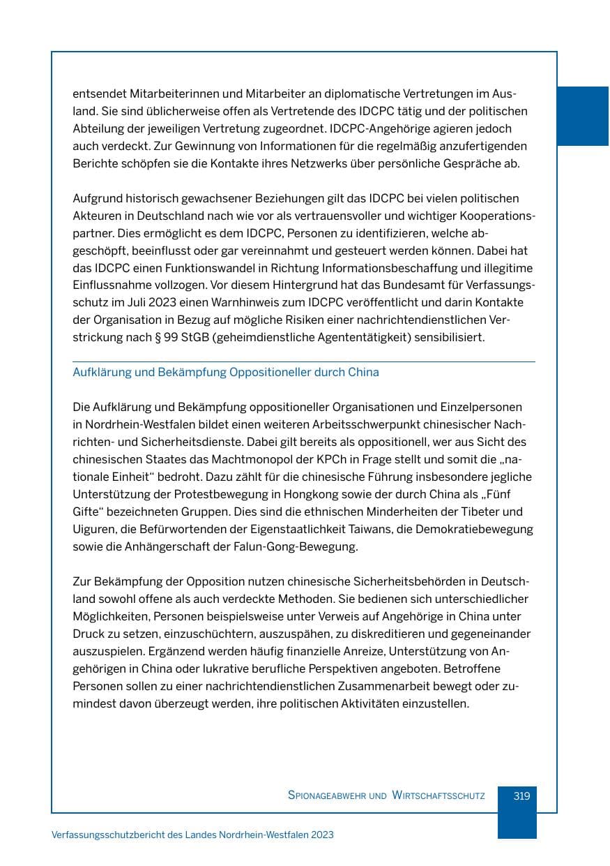 Seite 319 des Verfassungsschutzbericht 2023 Nordrhein-Westfalen
