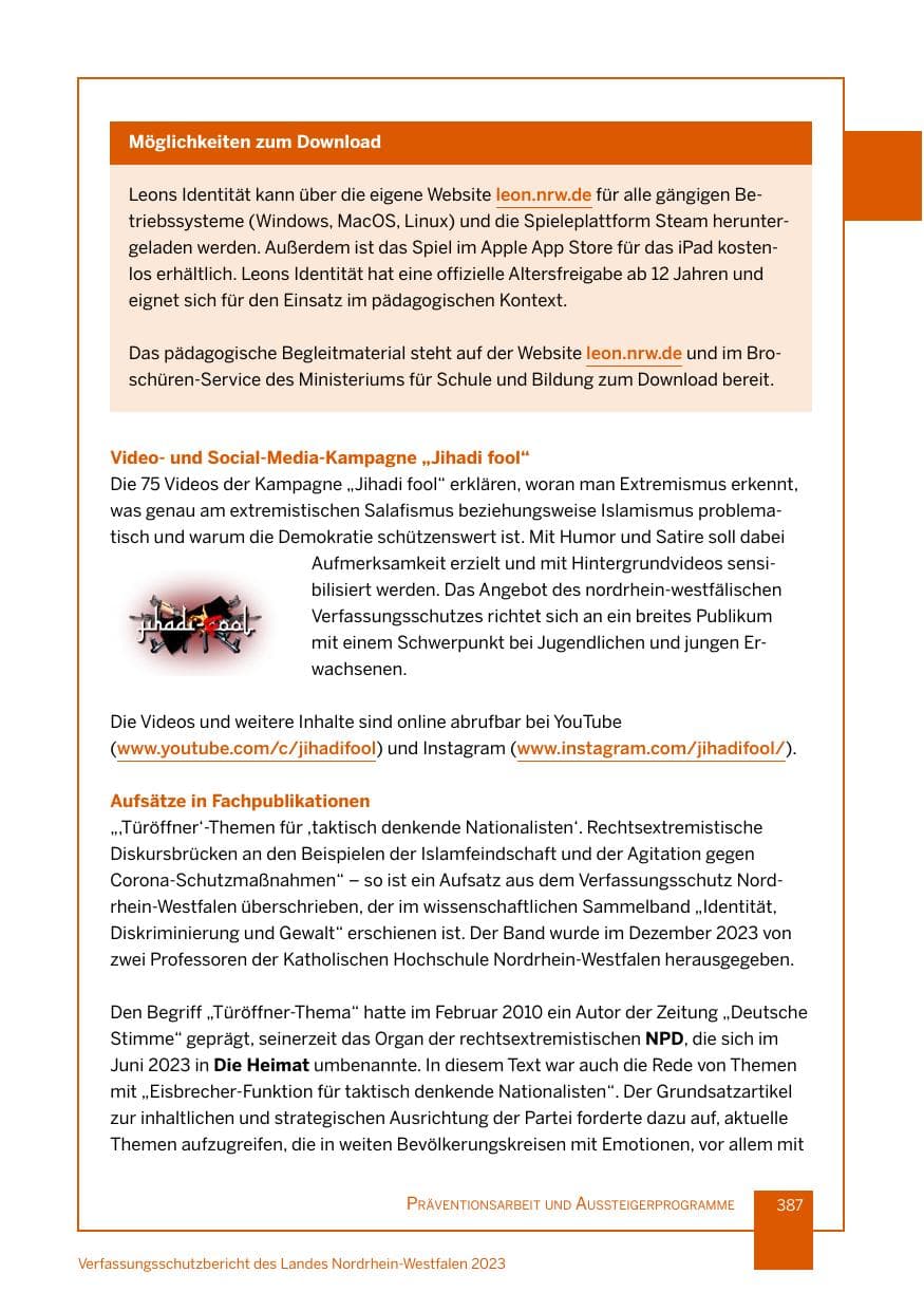 Seite 387 des Verfassungsschutzbericht 2023 Nordrhein-Westfalen