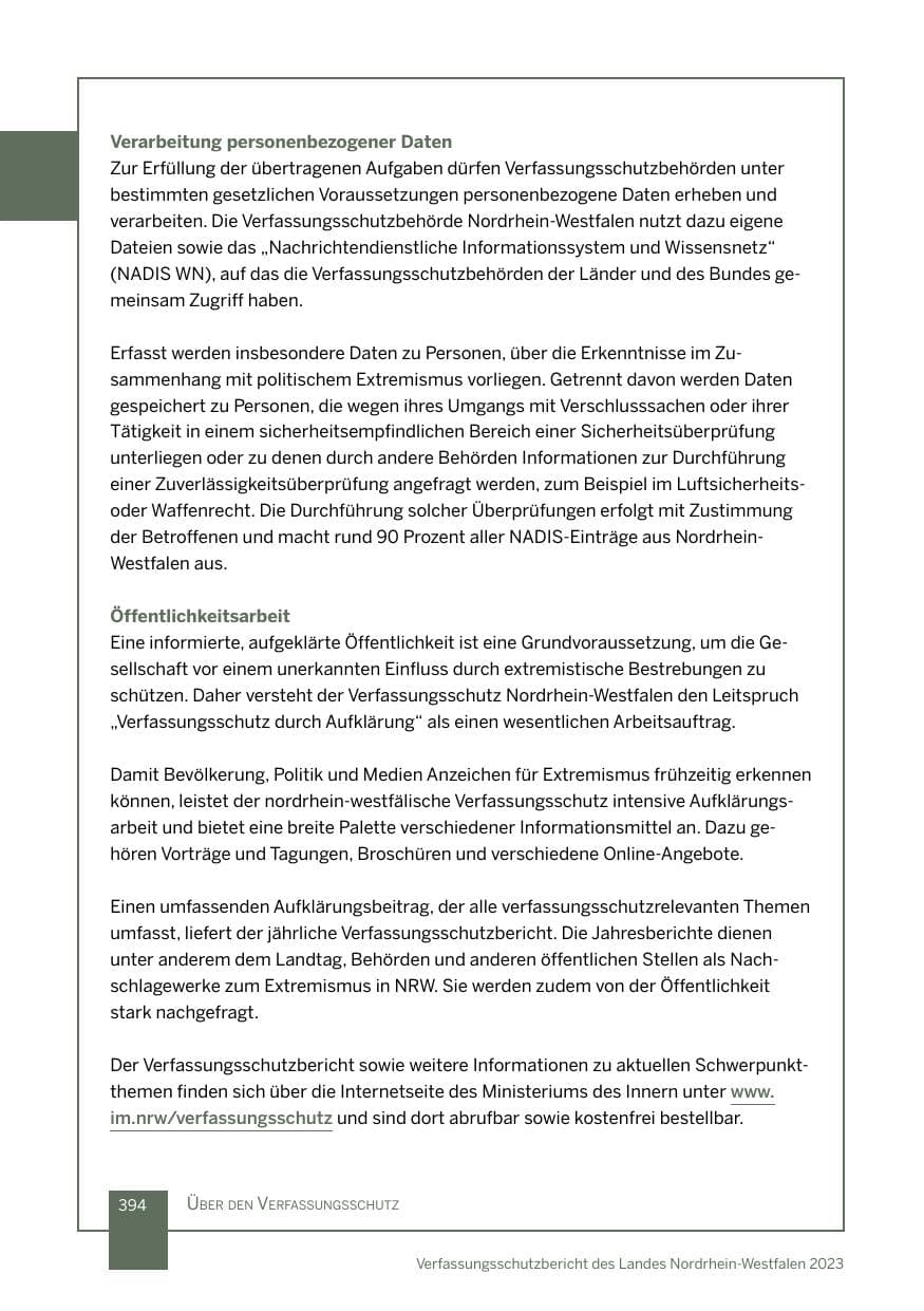 Seite 394 des Verfassungsschutzbericht 2023 Nordrhein-Westfalen