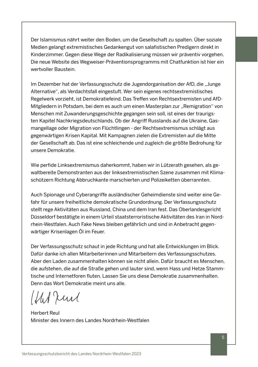 Seite 5 des Verfassungsschutzbericht 2023 Nordrhein-Westfalen