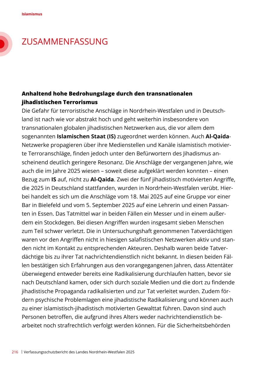 Seite 216 des Verfassungsschutzbericht 2025 Nordrhein-Westfalen