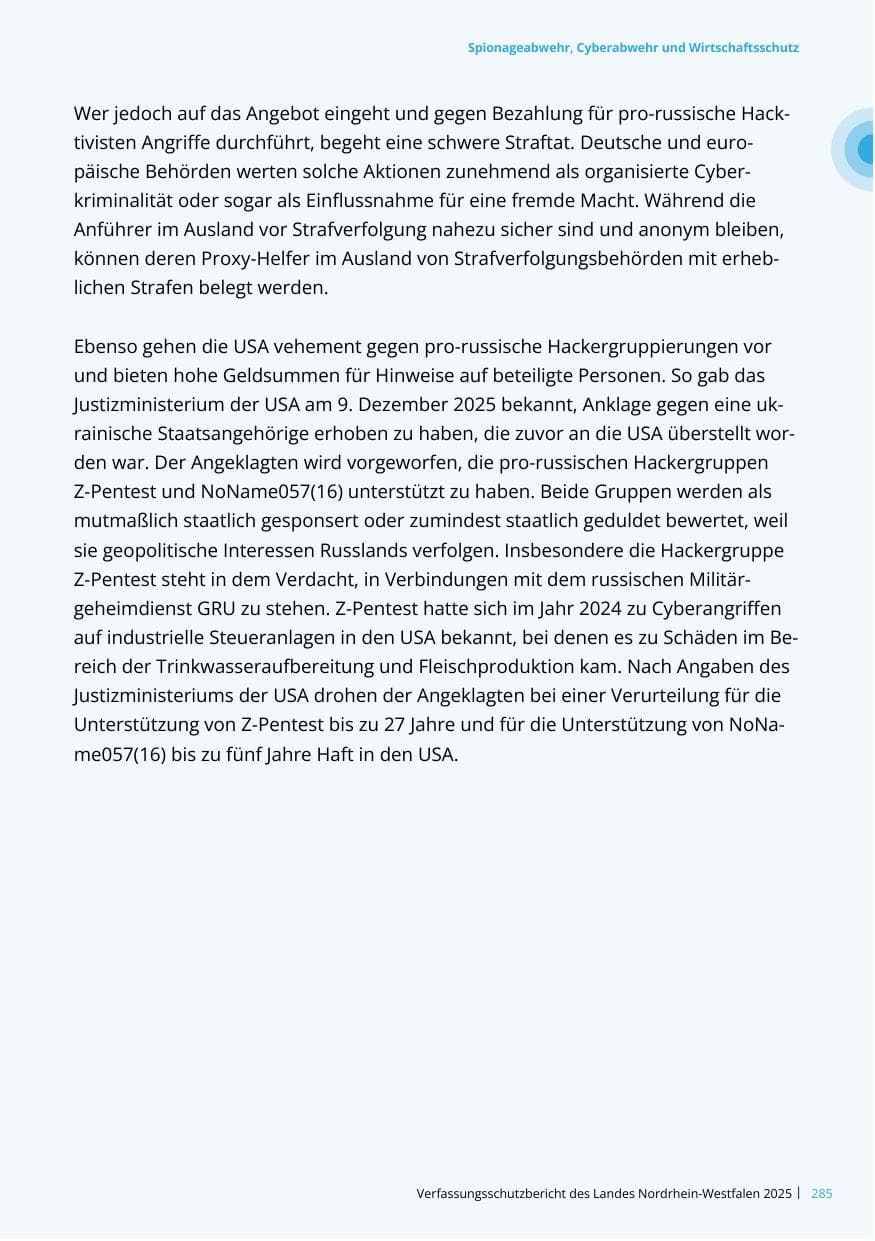 Seite 285 des Verfassungsschutzbericht 2025 Nordrhein-Westfalen