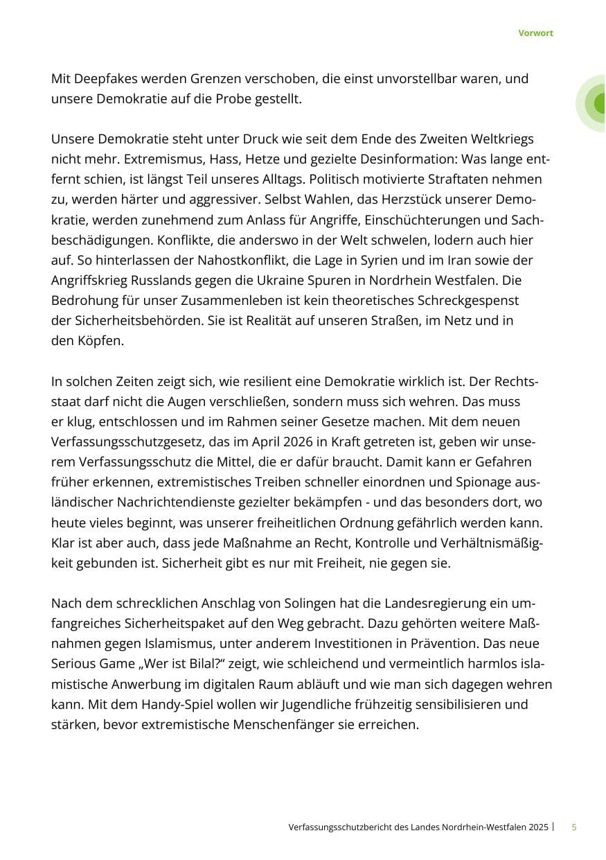 Seite 5 des Verfassungsschutzbericht 2025 Nordrhein-Westfalen
