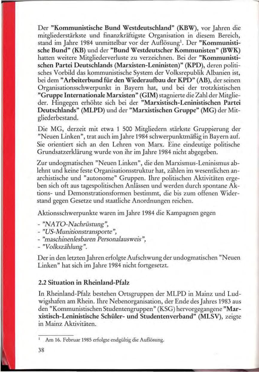 Seite 40 des Verfassungsschutzbericht 1984 Rheinland-Pfalz