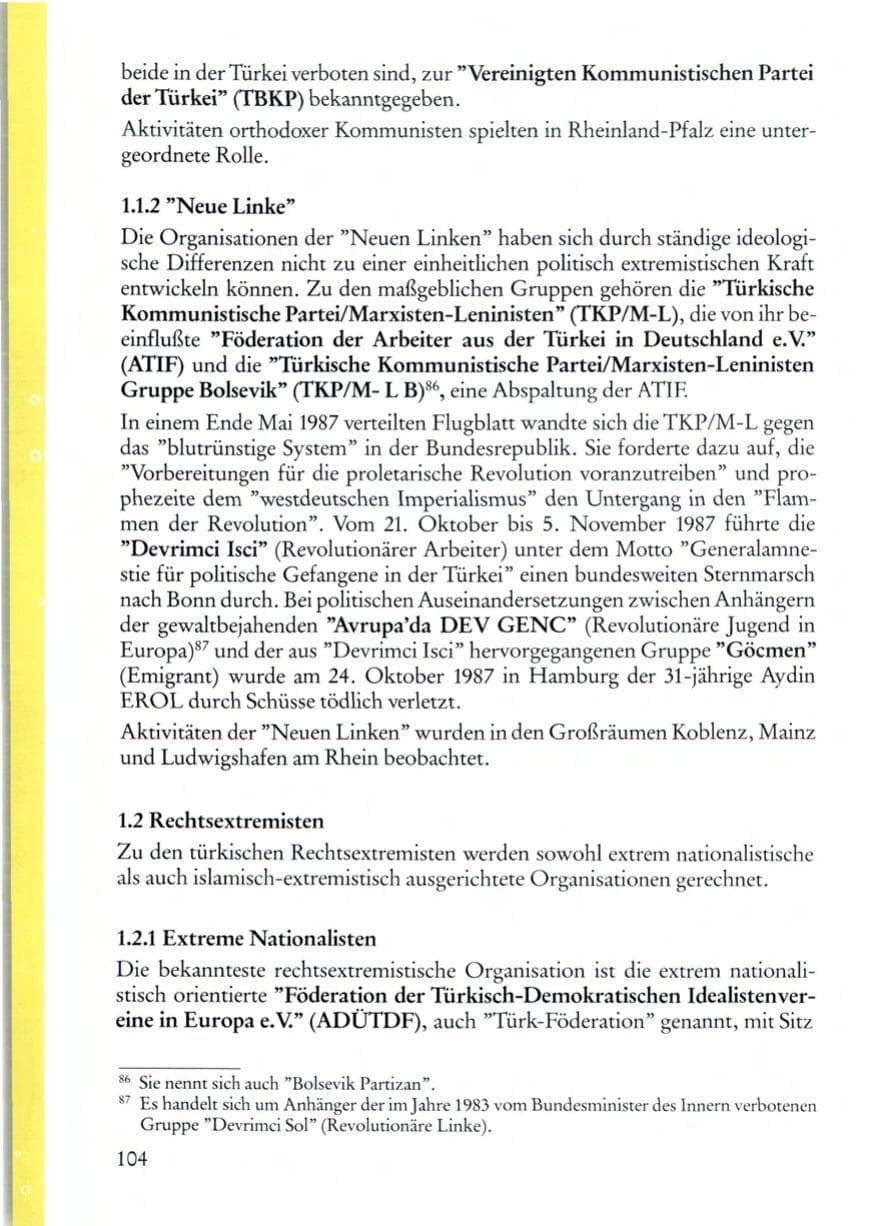 Seite 104 des Verfassungsschutzbericht 1987 Rheinland-Pfalz