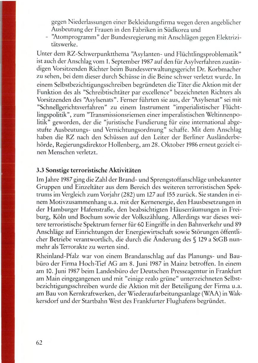 Seite 62 des Verfassungsschutzbericht 1987 Rheinland-Pfalz