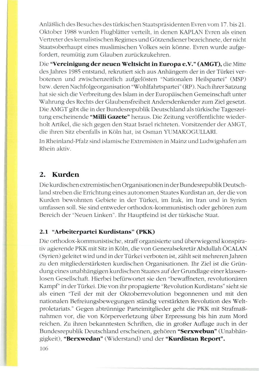 Seite 108 des Verfassungsschutzbericht 1988 Rheinland-Pfalz