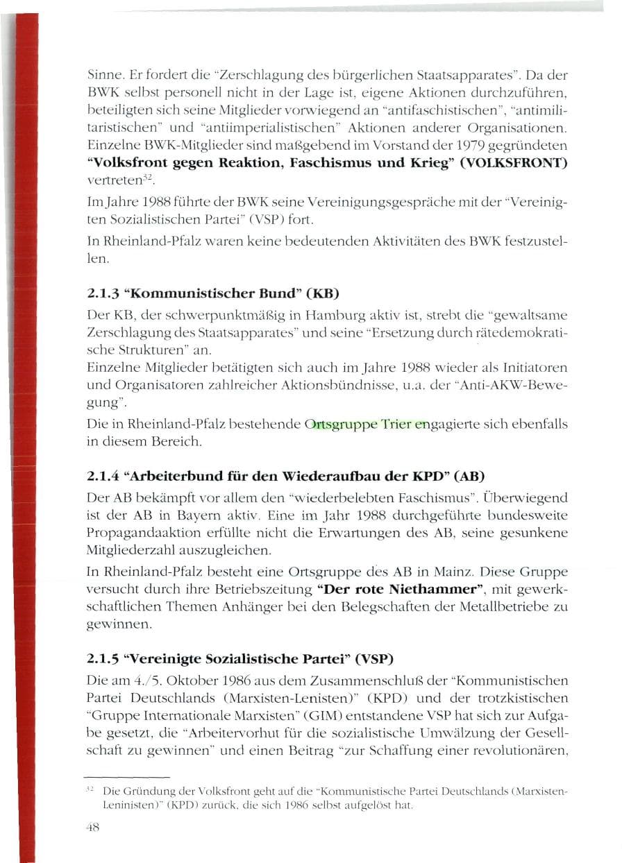 Seite 50 des Verfassungsschutzbericht 1988 Rheinland-Pfalz
