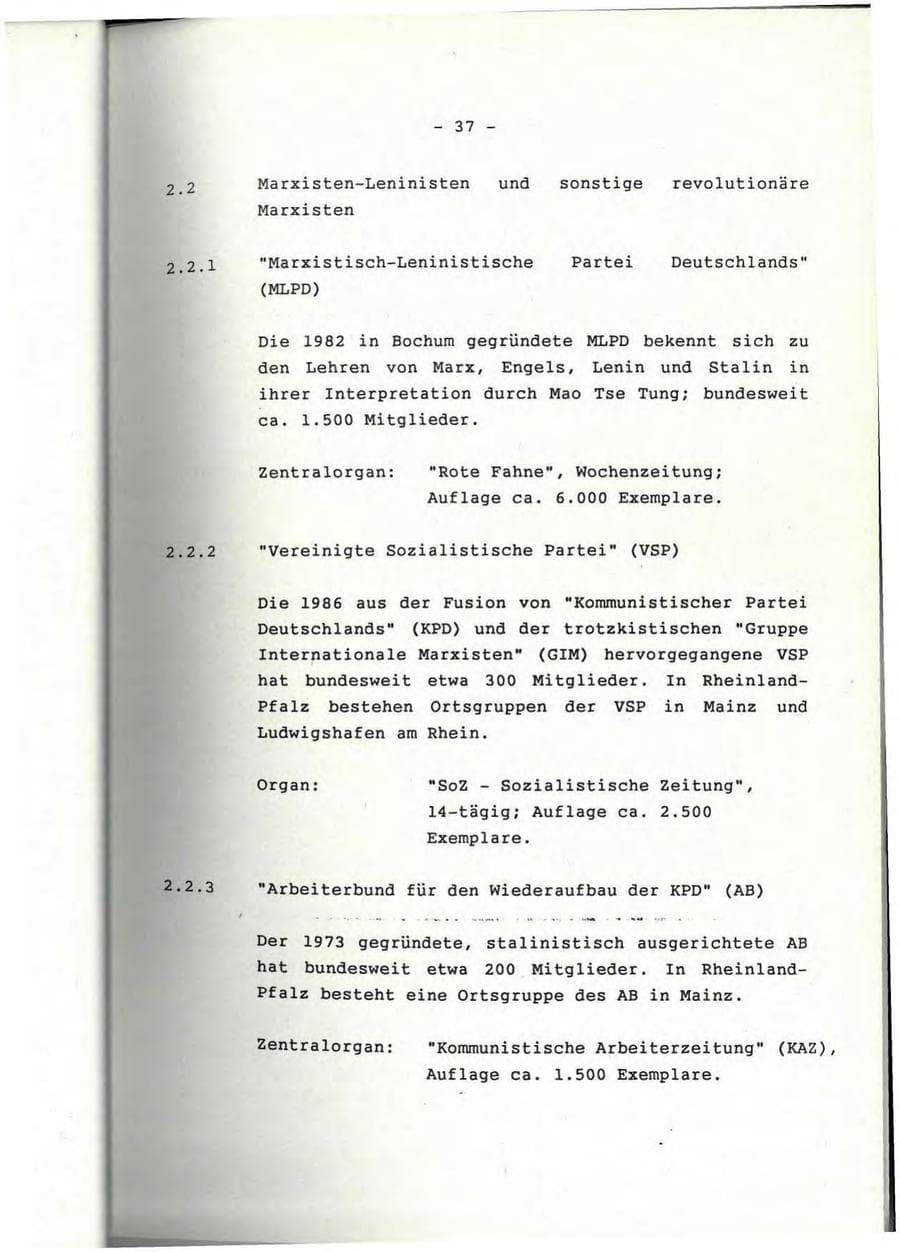 Seite 38 des Verfassungsschutzbericht 1991 Rheinland-Pfalz