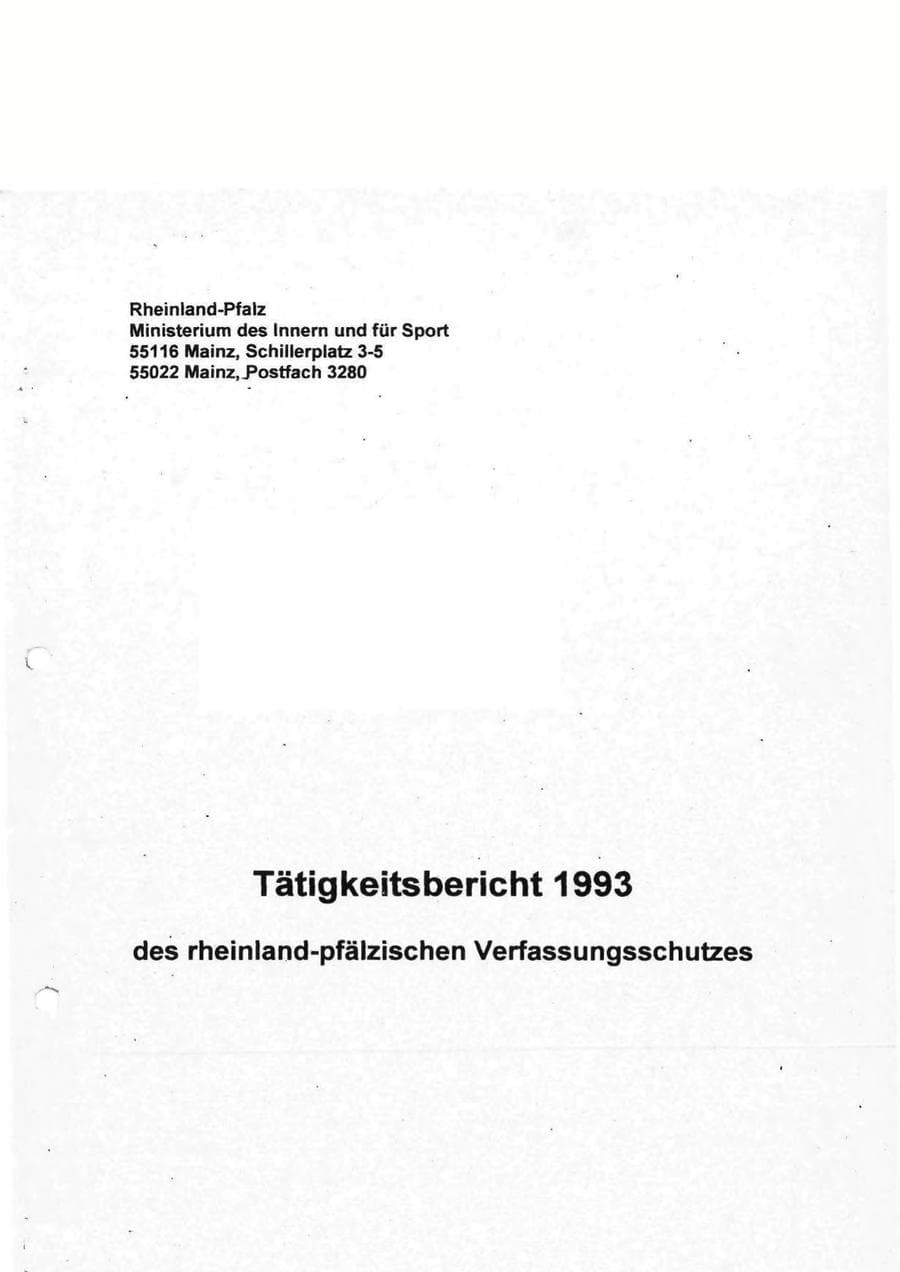 Seite 1 des Verfassungsschutzbericht 1993 Rheinland-Pfalz