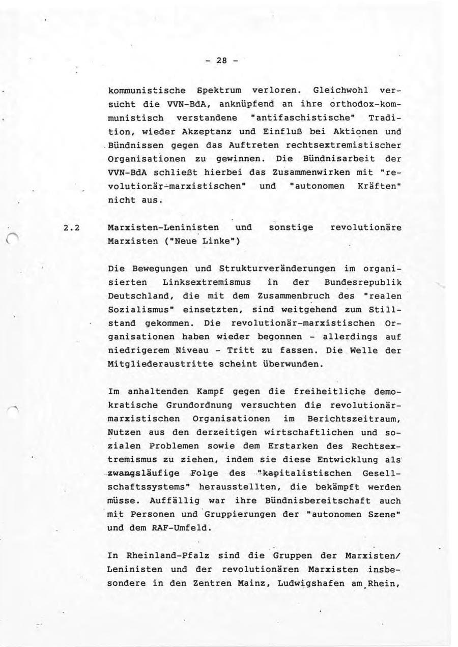 Seite 28 des Verfassungsschutzbericht 1993 Rheinland-Pfalz