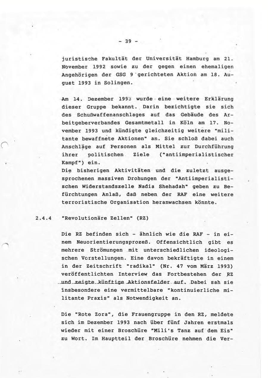 Seite 39 des Verfassungsschutzbericht 1993 Rheinland-Pfalz